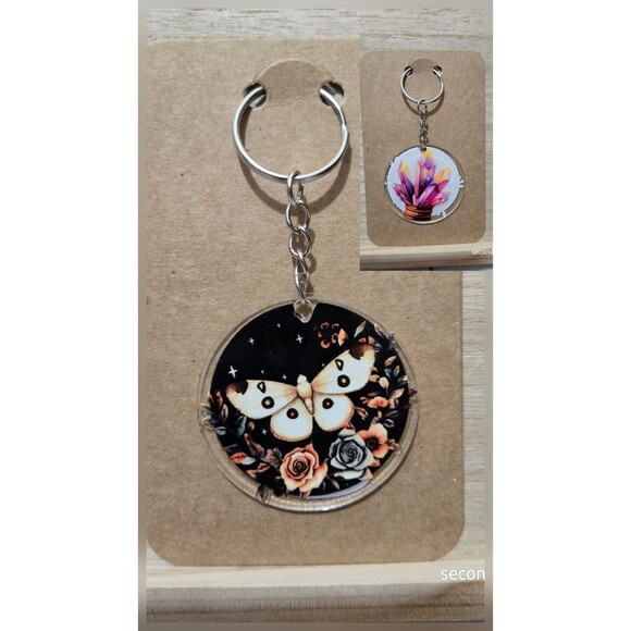 Hand Made Double Sided Mystical Moth And Crystals Keychain, Keyring, Purse Charm - Picture 1 of 3